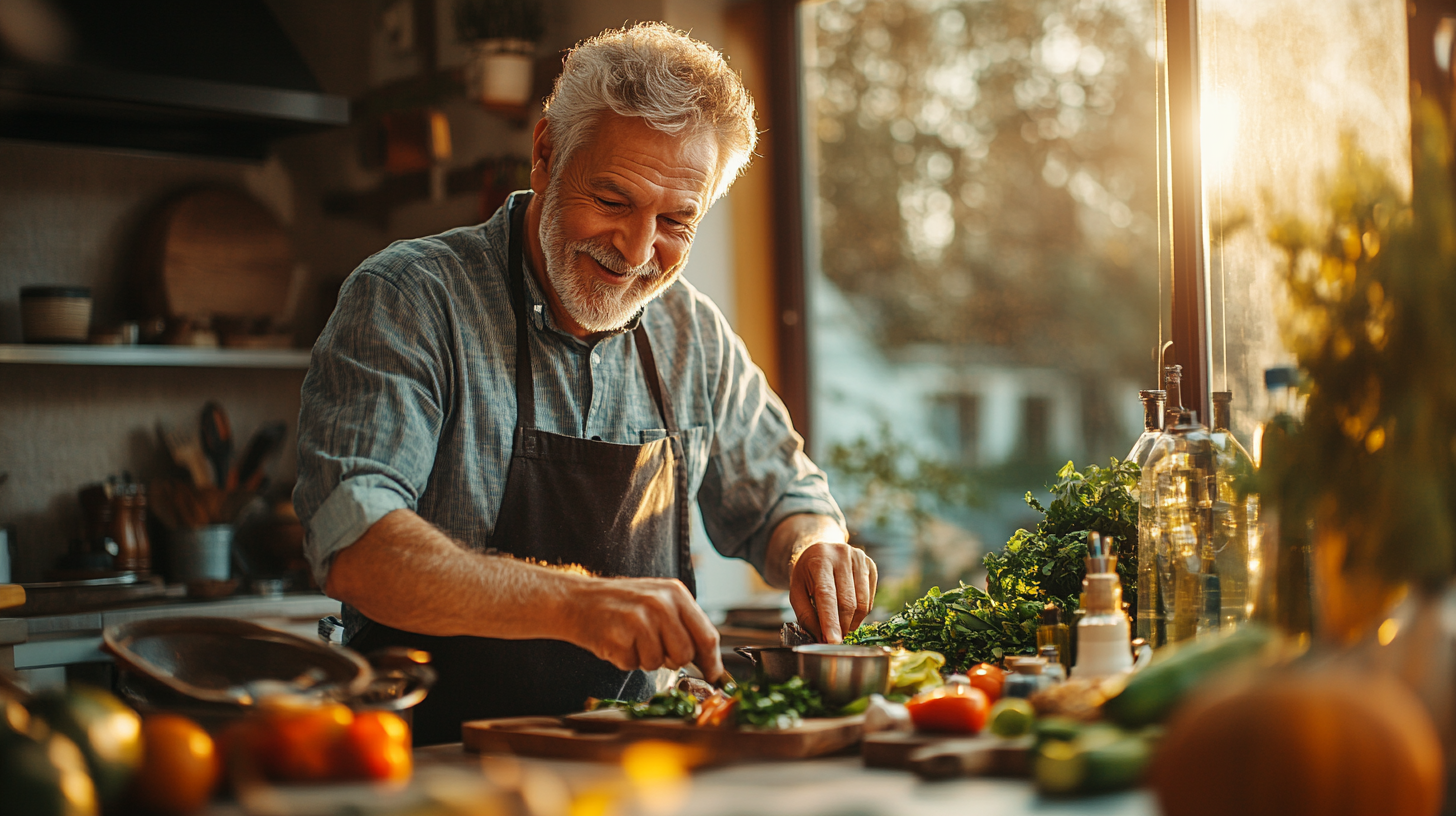 Бабуся з онукою готують разом здорову їжу на кухні